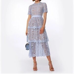 Self-portrait BLUE TIERED GUIPURE LACE MIDI DRESS
